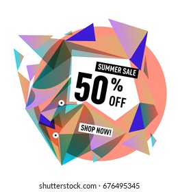 Summer sale geometric style web banner. Fashion and travel discount. Vector holiday Abstract colorful illustration with special offers and promotions.
