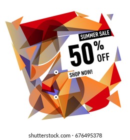 Summer sale geometric style web banner. Fashion and travel discount. Vector holiday Abstract colorful illustration with special offers and promotions.