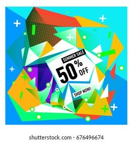 Summer sale geometric style web banner. Fashion and travel discount. Vector holiday Abstract colorful illustration with special offers and promotions.