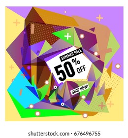 Summer sale geometric style web banner. Fashion and travel discount. Vector holiday Abstract colorful illustration with special offers and promotions.