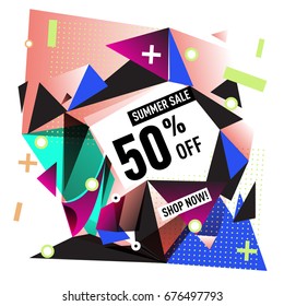 Summer sale geometric style web banner. Fashion and travel discount. Vector holiday Abstract colorful illustration with special offers and promotions.