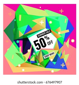 Summer sale geometric style web banner. Fashion and travel discount. Vector holiday Abstract colorful illustration with special offers and promotions.