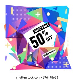 Summer sale geometric style web banner. Fashion and travel discount. Vector holiday Abstract colorful illustration with special offers and promotions.