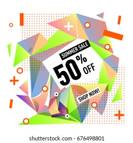 Summer sale geometric style web banner. Fashion and travel discount. Vector holiday Abstract colorful illustration with special offers and promotions.