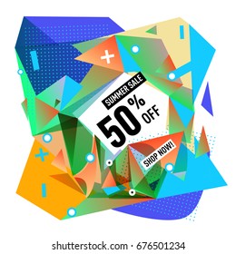 Summer sale geometric style web banner. Fashion and travel discount. Vector holiday Abstract colorful illustration with special offers and promotions.