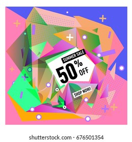 Summer sale geometric style web banner. Fashion and travel discount. Vector holiday Abstract colorful illustration with special offers and promotions.