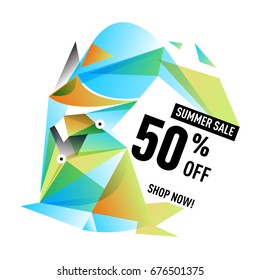 Summer sale geometric style web banner. Fashion and travel discount. Vector holiday Abstract colorful illustration with special offers and promotions.