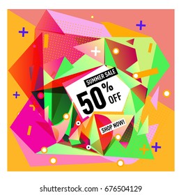 Summer sale geometric style web banner. Fashion and travel discount. Vector holiday Abstract colorful illustration with special offers and promotions.
