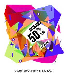 Summer sale geometric style web banner. Fashion and travel discount. Vector holiday Abstract colorful illustration with special offers and promotions.