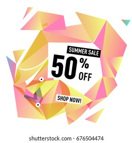 Summer sale geometric style web banner. Fashion and travel discount. Vector holiday Abstract colorful illustration with special offers and promotions.