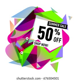 Summer sale geometric style web banner. Fashion and travel discount. Vector holiday Abstract colorful illustration with special offers and promotions.