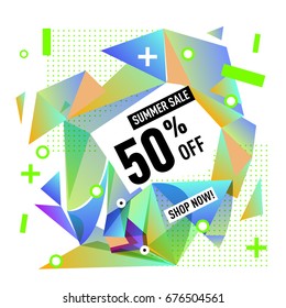 Summer sale geometric style web banner. Fashion and travel discount. Vector holiday Abstract colorful illustration with special offers and promotions.