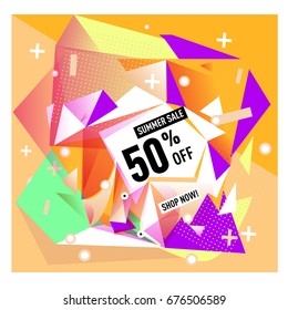 Summer sale geometric style web banner. Fashion and travel discount. Vector holiday Abstract colorful illustration with special offers and promotions.