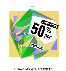 Summer sale geometric style web banner. Fashion and travel discount. Vector holiday Abstract colorful illustration with special offers and promotions.
