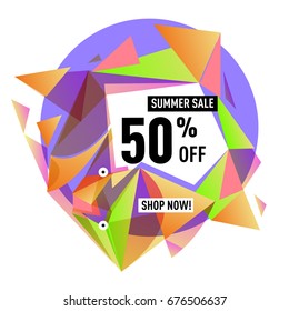 Summer sale geometric style web banner. Fashion and travel discount. Vector holiday Abstract colorful illustration with special offers and promotions.
