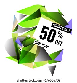 Summer sale geometric style web banner. Fashion and travel discount. Vector holiday Abstract colorful illustration with special offers and promotions.