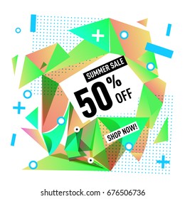 Summer sale geometric style web banner. Fashion and travel discount. Vector holiday Abstract colorful illustration with special offers and promotions.