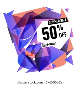 Summer sale geometric style web banner. Fashion and travel discount. Vector holiday Abstract colorful illustration with special offers and promotions.