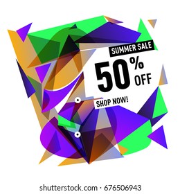 Summer sale geometric style web banner. Fashion and travel discount. Vector holiday Abstract colorful illustration with special offers and promotions.