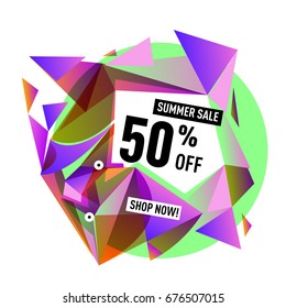 Summer sale geometric style web banner. Fashion and travel discount. Vector holiday Abstract colorful illustration with special offers and promotions.