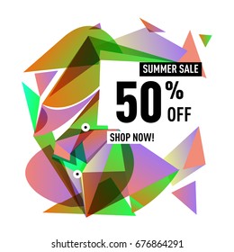 Summer sale geometric style web banner. Fashion and travel discount. Vector holiday Abstract colorful illustration with special offers and promotions.
