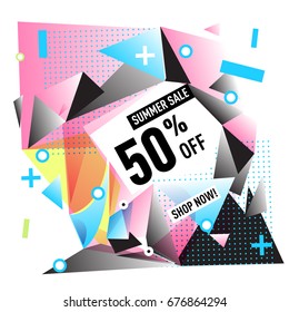 Summer sale geometric style web banner. Fashion and travel discount. Vector holiday Abstract colorful illustration with special offers and promotions.