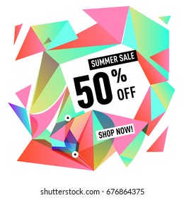 Summer sale geometric style web banner. Fashion and travel discount. Vector holiday Abstract colorful illustration with special offers and promotions.