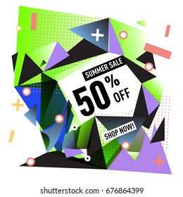Summer sale geometric style web banner. Fashion and travel discount. Vector holiday Abstract colorful illustration with special offers and promotions.