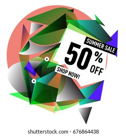 Summer sale geometric style web banner. Fashion and travel discount. Vector holiday Abstract colorful illustration with special offers and promotions.