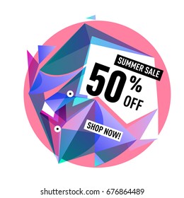 Summer sale geometric style web banner. Fashion and travel discount. Vector holiday Abstract colorful illustration with special offers and promotions.