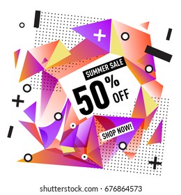 Summer sale geometric style web banner. Fashion and travel discount. Vector holiday Abstract colorful illustration with special offers and promotions.