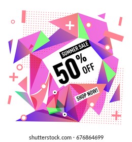 Summer sale geometric style web banner. Fashion and travel discount. Vector holiday Abstract colorful illustration with special offers and promotions.