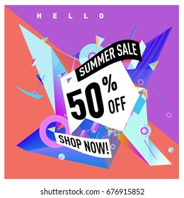 Summer sale geometric style web banner. Fashion and travel discount. Vector holiday Abstract colorful illustration with special offers and promotions.
