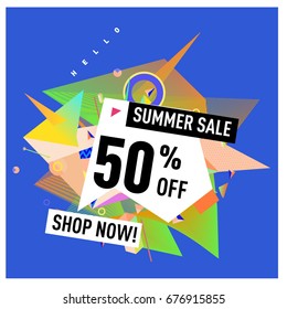 Summer sale geometric style web banner. Fashion and travel discount. Vector holiday Abstract colorful illustration with special offers and promotions.
