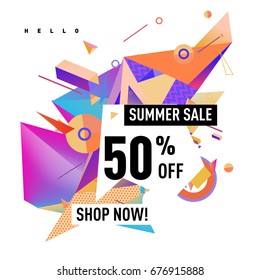 Summer sale geometric style web banner. Fashion and travel discount. Vector holiday Abstract colorful illustration with special offers and promotions.
