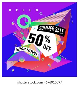 Summer sale geometric style web banner. Fashion and travel discount. Vector holiday Abstract colorful illustration with special offers and promotions.