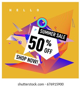Summer sale geometric style web banner. Fashion and travel discount. Vector holiday Abstract colorful illustration with special offers and promotions.