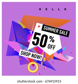 Summer sale geometric style web banner. Fashion and travel discount. Vector holiday Abstract colorful illustration with special offers and promotions.