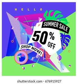 Summer sale geometric style web banner. Fashion and travel discount. Vector holiday Abstract colorful illustration with special offers and promotions.