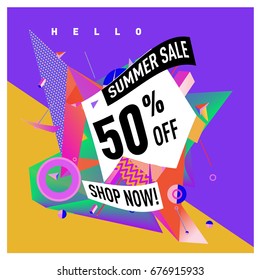 Summer sale geometric style web banner. Fashion and travel discount. Vector holiday Abstract colorful illustration with special offers and promotions.