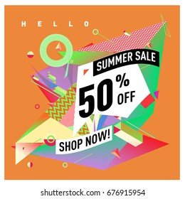Summer sale geometric style web banner. Fashion and travel discount. Vector holiday Abstract colorful illustration with special offers and promotions.