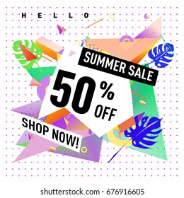 Summer sale geometric style web banner. Fashion and travel discount. Vector holiday Abstract colorful illustration with special offers and promotions.