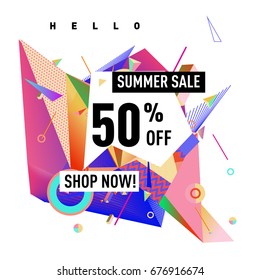 Summer sale geometric style web banner. Fashion and travel discount. Vector holiday Abstract colorful illustration with special offers and promotions.