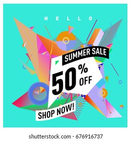 Summer sale geometric style web banner. Fashion and travel discount. Vector holiday Abstract colorful illustration with special offers and promotions.