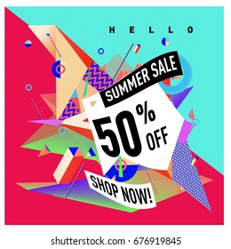 Summer sale geometric style web banner. Fashion and travel discount. Vector holiday Abstract colorful illustration with special offers and promotions.