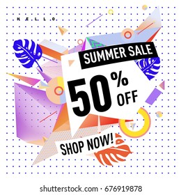 Summer sale geometric style web banner. Fashion and travel discount. Vector holiday Abstract colorful illustration with special offers and promotions.