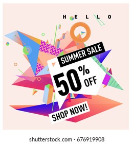 Summer sale geometric style web banner. Fashion and travel discount. Vector holiday Abstract colorful illustration with special offers and promotions.