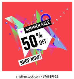 Summer sale geometric style web banner. Fashion and travel discount. Vector holiday Abstract colorful illustration with special offers and promotions.