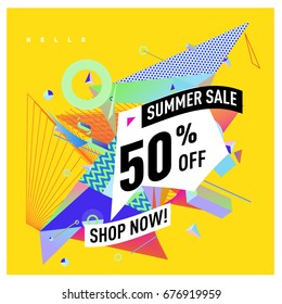 Summer sale geometric style web banner. Fashion and travel discount. Vector holiday Abstract colorful illustration with special offers and promotions.