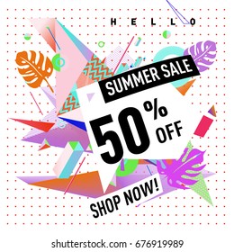 Summer sale geometric style web banner. Fashion and travel discount. Vector holiday Abstract colorful illustration with special offers and promotions.